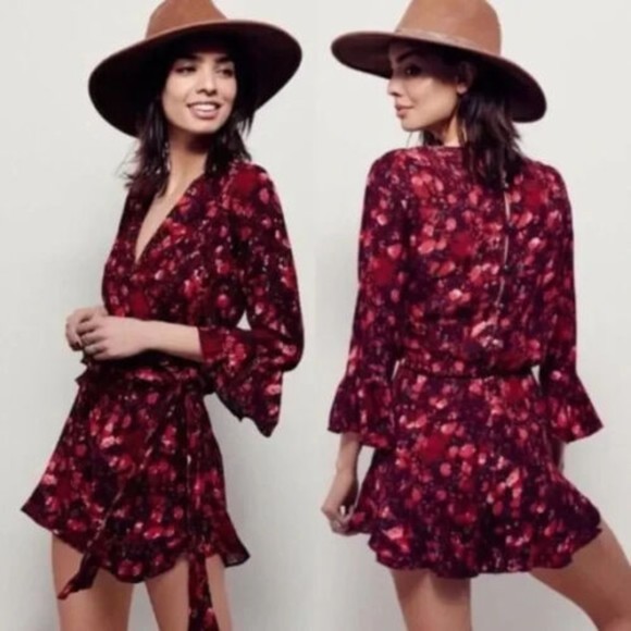 Free People All the Right Ruffles Romper Berry Combo Maroon Size M